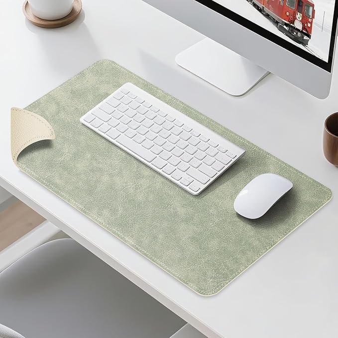 Imitation Crazy Horse Leather Desk Mat - Waterproof Desk Pad - Ideal for Large Mouse Pad and Desk Mats on Top of Desks (Light Green+White, 33"*13")