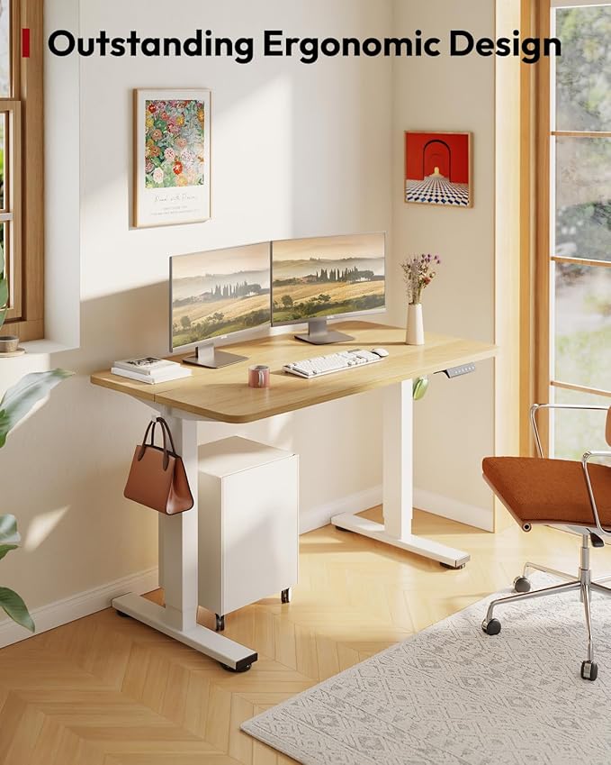 SANODESK Height Adjustable Electric Standing Desk 40x24 Inches, Sit Stand Desk with Splice Board for Home Office, Ergonomic Computer Workstation, Study & Gaming, White Frame/Maple Top