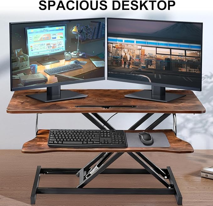 38-Inch Height Adjustable Standing Desk Converter, Duals Monitor & Laptop Riser with Wide Keyboard Tray, Sit to Stand Ergonomic Workstation for Home Office, School, Business, Tiger Brown