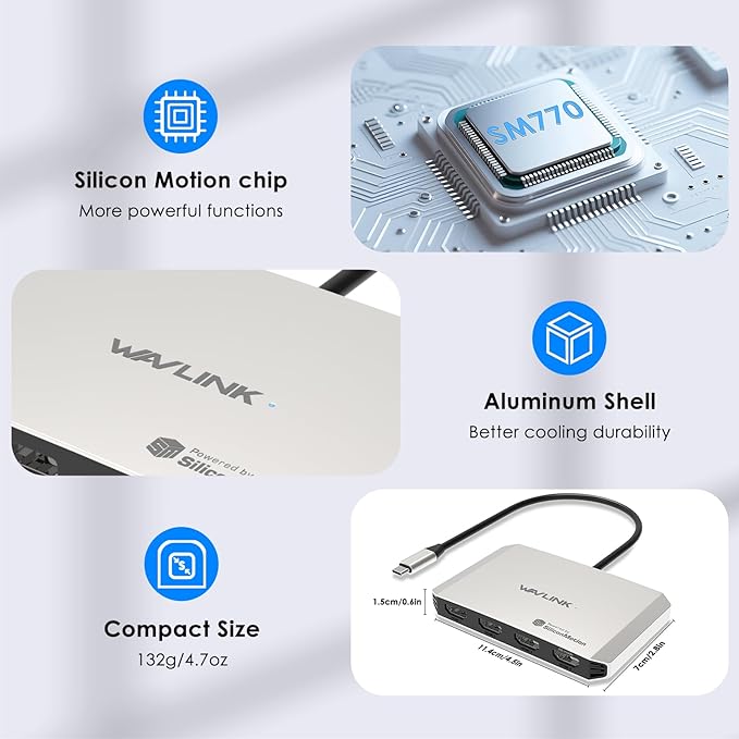 4 Monitor Docking Station, WAVLINK Quad Monitors Adapter for M1/M2/M3/M4 macOS Systems, 140W PD in, 4 HDMI, Quad 4K Output, SMI Driver & Host USB3.2 Gen 2 Required