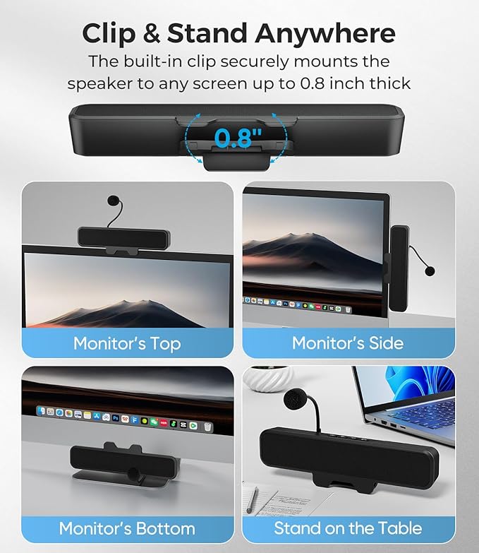 USB Computer Speakers with Detachable Microphone, Plug and Play Desktop Speaker with Monitor Clip, Stereo Sound & Bass, Suitable for PC, PS5, Switch 2 and Laptop