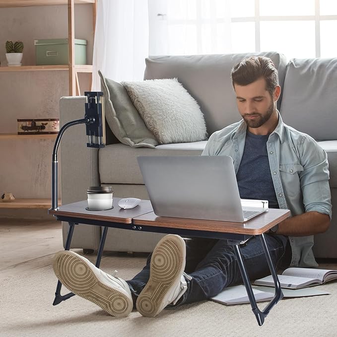 wishacc 28.7" Extra Large Adjustable Laptop Desk Stand with Phone Mount, Wooden Desktop, Portable Design
