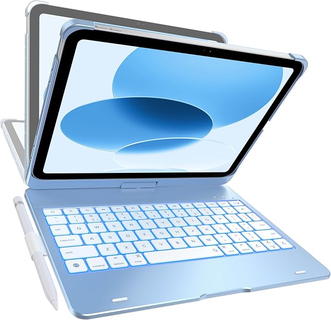 typecase Flexbook Keyboard Case for iPad 11th (A16, 2025) and iPad 10th Gen (10.9", 2022) – No Trackpad, 11-Color Backlight, 360° Rotatable, 7 Use Modes, Thin & Lightweight – Sky Blue