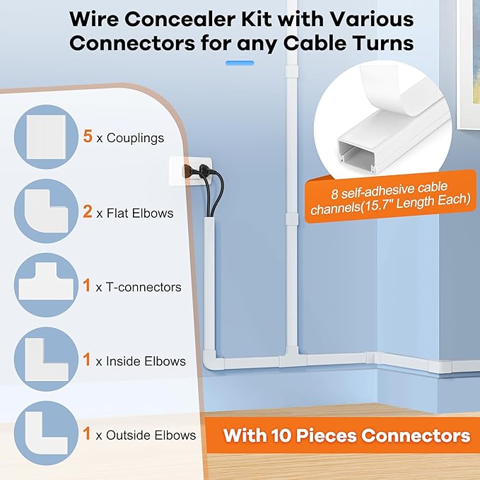 126in Cord Hider Kit, ZhiYo Cord Cover for Wall Mounted TV, Paintable Wire Cover for Cords, TV Cable Hider Wall Kit, Cable Cover Wire Management, White Cords Concealer, 8 x L15.7in W0.95in H0.55in