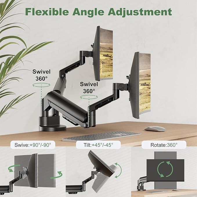 Dual Monitor Mount, Dual Monitor Stand for Two Ultrawide 13"-34" Flat/Curved Computer Screens, Low Profile Double Monitor Arms Hold up to 26.4bs, Easy Setup, VESA Mount 75x75/100x100mm