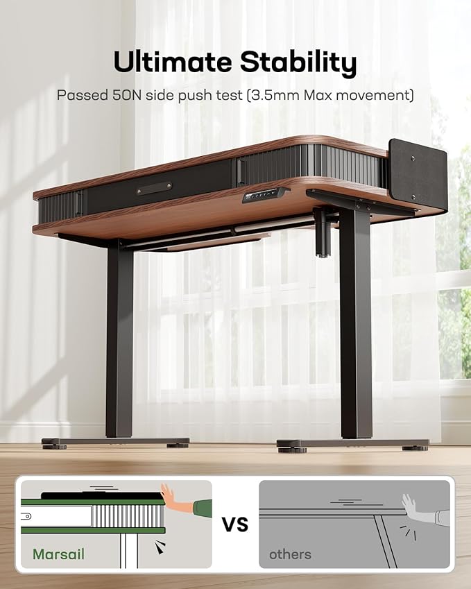Marsail Standing Desk, Whole-Piece Desktop Computer Desk, 48 x 24 Inches Adjustable Desk with 3 Drawers, Home Office Desks with 3 Memory Preset