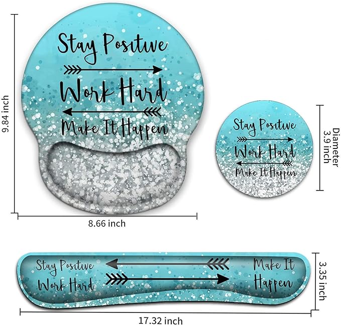 Keyboard Wrist Rest and Mouse Pad with Wrist Support, Ergonomic Mouse Pad Coaster,Easy Typing Pain Relief,Keyboard Mousepad Set,Stay Positive Work Hard and Make It Happen Blue Glitter