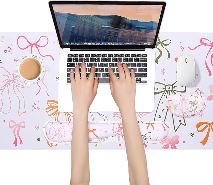 MEGREZ 4-in-1 Ergonomic Memory Foam Wrist Rest Set, Desk Pad, Mouse Pad with Wrist Rest, Keyboard Pad, Suitable for Office Workers, Programmers & Gamers–Relieve Typing & Gaming Fatigue, Bow