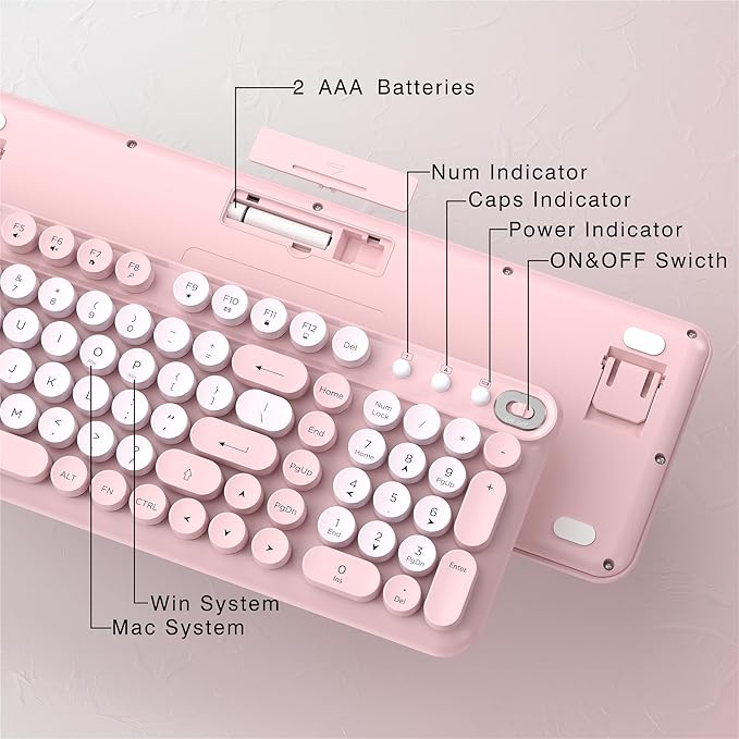 Wireless Keyboard and Mouse Combo, Full-Size Retro Typewriter Keyboard Style, 2.4GHz USB Receiver, Plug-and-Play, Keyboard Mouse Set for Computer, Laptop, Windows, Mac, and PC (Pink)
