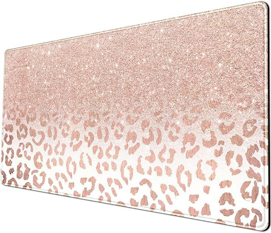 Desk Mat XXL Mouse pad, Pink Rose Gold Leopard Print Office Supplies and Accessories Decor for Women 31.5X15.75in,Stitched Edges Smooth Non-Slip Bottom, Large pad