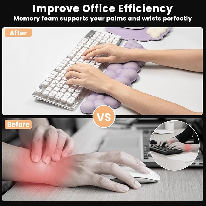 Memory Foam Keyboard Wrist Rest & Mouse Pad Set - Ergonomic Support for Laptop, Mac & PC, Cute Purple Cloud Design, Non-Slip Base for Typing, Gaming, Pain Relief, Comfortable Office Desk Must-Haves