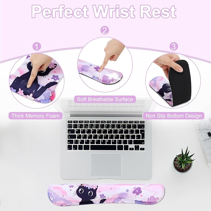 MEGREZ 4-in-1 Ergonomic Memory Foam Wrist Rest Set, Desk Pad, Mouse Pad with Wrist Rest, Keyboard Pad, Suitable for Office Workers, Programmers & Gamers–Relieve Typing & Gaming Fatigue, Kitten