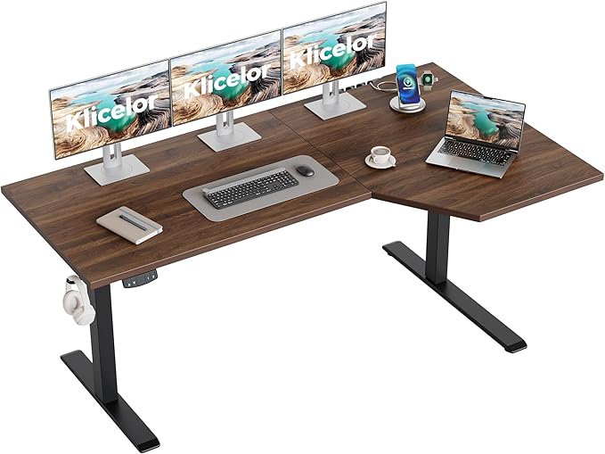 Klicelor 63 Inch L Shaped Standing Desk, Adjustable Height Corner Desk for Home Office Workstation, Sit Stand Desk with Two-Piece Desktop, Dark Walnut