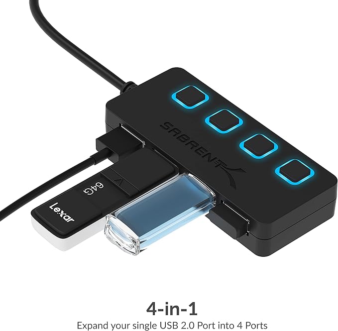 SABRENT 4 Port USB 2.0 Data Hub with Individual LED lit Power Switches [Charging NOT Supported] for Mac & PC (HB-UMLS) (Pack of 2)
