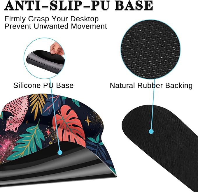 Arttown Leopard Tropical Pink Desk Mat Leaves Mouse Pad Set 4 in 1 Ergonomic Design Large Mouse Pad + Keyboard Wrist Rest + Mouse Wrist Rest + Coaster Suitable for Home Office Study Game