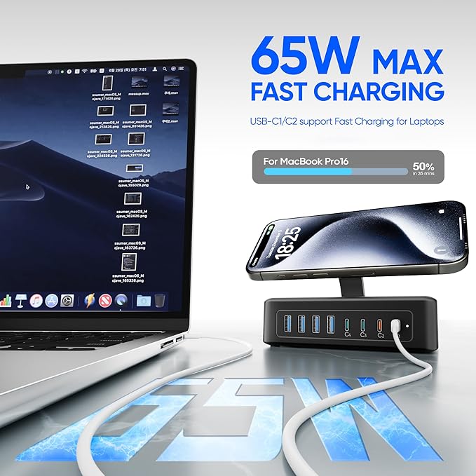 200W USB Charging Station, 11-in-1 USB C Power Strip Surge Protector, 2AC Outlets & 8USB Ports, 5ft Flat Plug Extension Cord with Multiple Devices, Desktop Charger for Home Office Desk Accessories