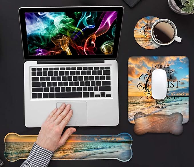 Wrist Rest Support Ergonomic Gel Mouse Pad and Memory Foam Keyboard Set, Non-Slip Rubber PU Base for Home Office Working Studying Easy Typing & Pain Relief, Bible Verse Phil 4:13
