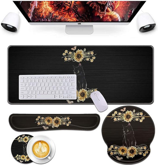Bxgolkgd Keyboard Wrist Rest and Mouse Pad Wrist Support Set,Ergonomic Memory Foam Wrist Pad & Non Slip Base for Home Office Working Studying Easy Typing,Pain Relief,Cute Flower Cat