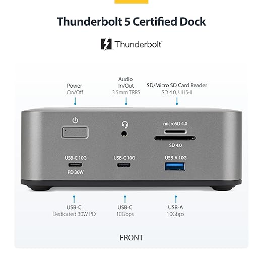 StarTech Thunderbolt 5 Dock, Dual 8K 60Hz, Triple 4K for Windows, Up to Dual 6K 60Hz for Mac - TB5 & USB4 Docking Station with 120Gbps max Transfer, 140W PD, 30W Phone, USB 10Gbps