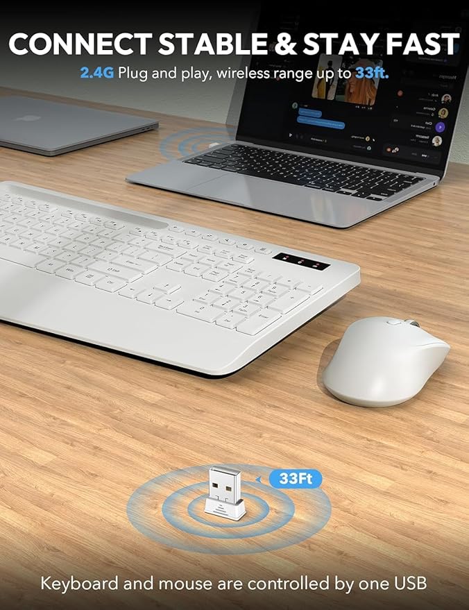 SABLUTE Wireless Keyboard and Mouse, Wrist Rest, Phone Holder, Batteries Included, 2.4G Lag-Free Ergonomic Keyboards Mouse Combo, Silent Keyboard Cordless Set for Computer, Laptop, PC, Windows, White