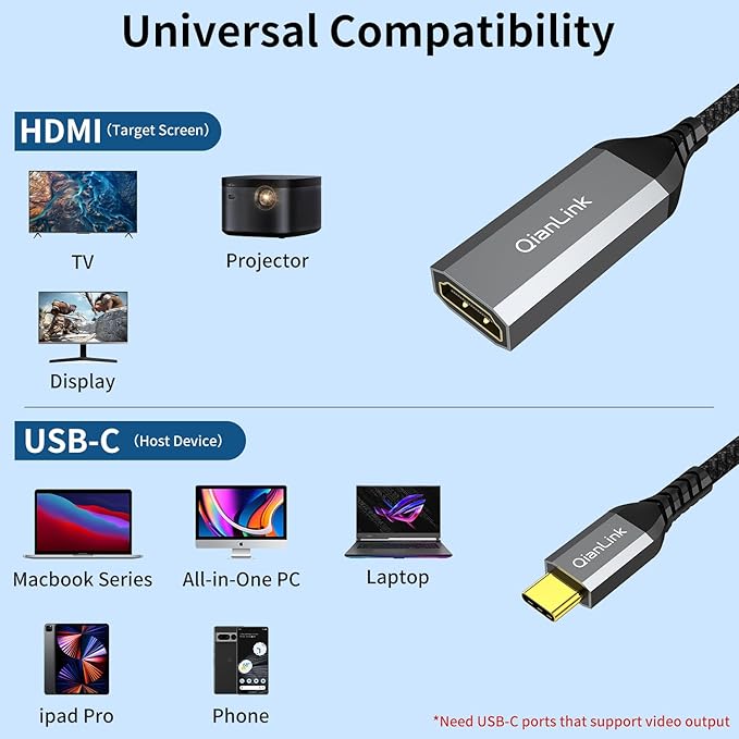 USB Type C to HDMI Adapter, USB C to HDMI 4K Cable [Thunderbolt 3/4] for MacBook Pro/Air 2023, iPhone 15 16 17 Pro Max, Dell XPS, Pixelbook, Surface, IPad Pro, iMac, XPS 17, Galaxy S25 S24