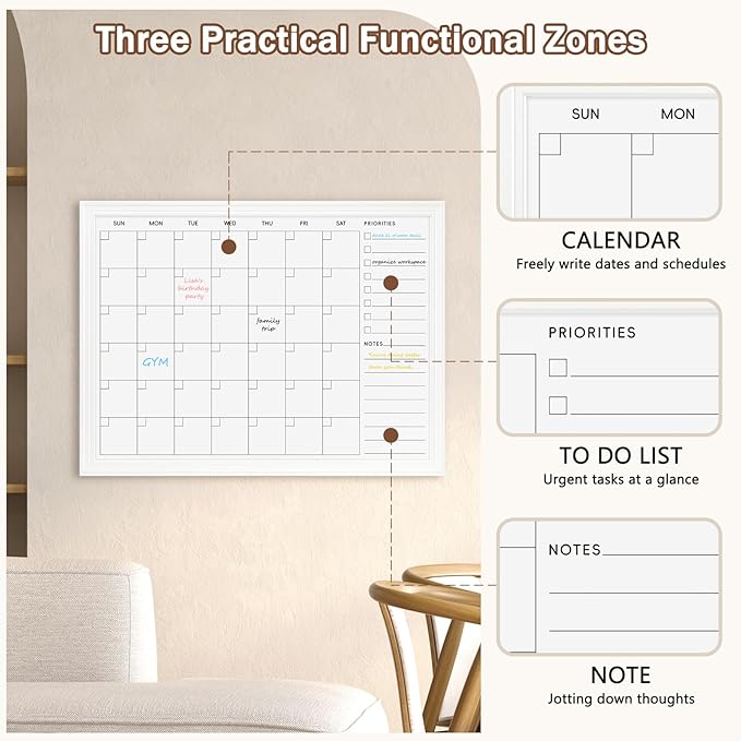 DOLLAR BOSS Magnetic White Board Calendar 36''x 24'', Monthly Dry Erase Planner for Wall with White Wood Style Frame for Office, School, Dorm, Home Decor