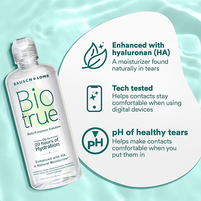 Biotrue Contact Solution, Multi-Purpose Solution with Lens Case, Cleans, Conditions, Hydrates, Disinfects, Removes Protein, Dirt & Debris, Contact Lens Cleaner & Storage, 10 Fl Oz (Pack of 1)