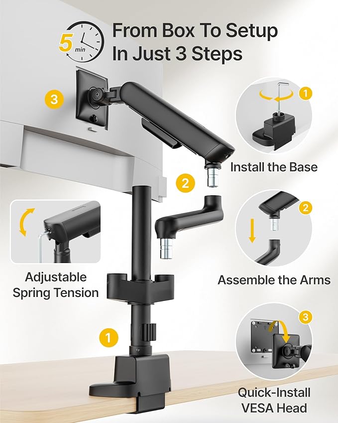 monTEK Dual Tall Monitor Arm with USB, Mechanical Spring Monitor Arm for 17-35" Screens, Adjustable Monitors Desk Mount Each Holds up to 24.2 lbs with C Clamp/Grommet, VESA 75/100mm