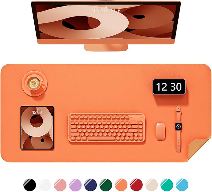 Desk Pad, 35.5" x 17" PU Leather Non-Slip Desk Mat Large Mouse Pad for Desktop, Waterproof Laptop Computer Writing Mat for Office, Home, Work, Gaming, Orange