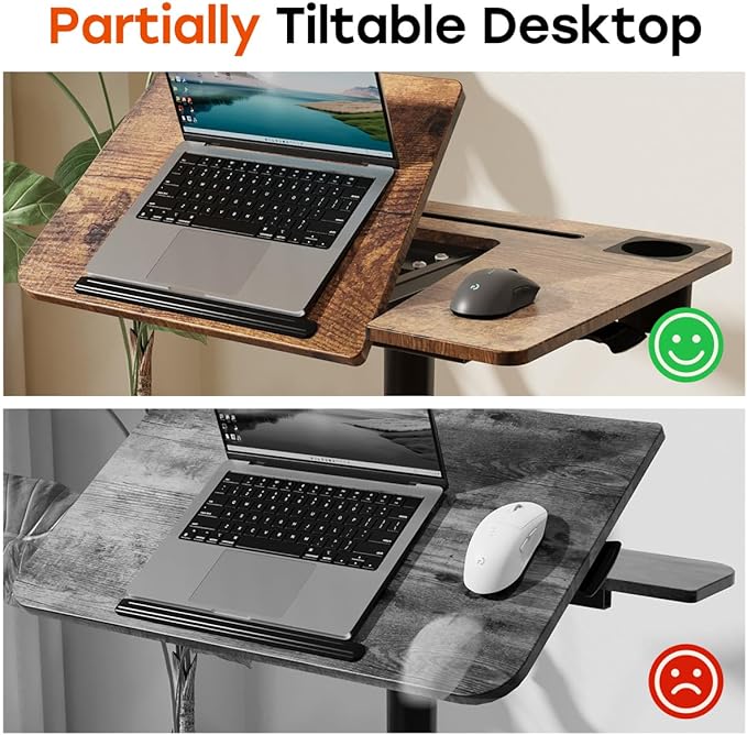 JOY worker Mobile Standing Desk, Height Adjustable Table, 60° Tiltable Rolling Laptop Desk, Portable Sit Stand Desk with Wheels Cup Holder for Bed Couch Hospital, Holds Up to 22lbs, Rustic