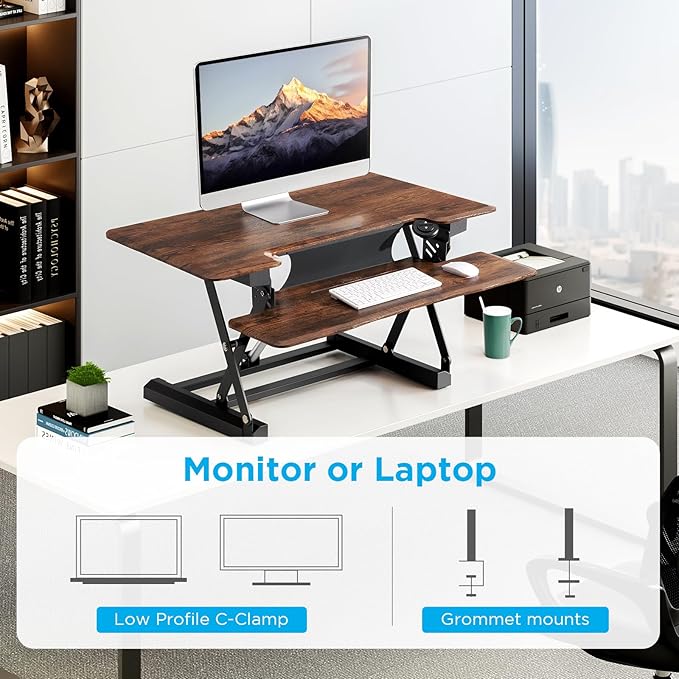 29" Electric Standing Desk Converter, Dyropcurv Series Height Adjustable Computer Desk Ergonomic Home Office Desk for Adults, Sit to Stand Desk with Quiet Motor, Vintage Brown