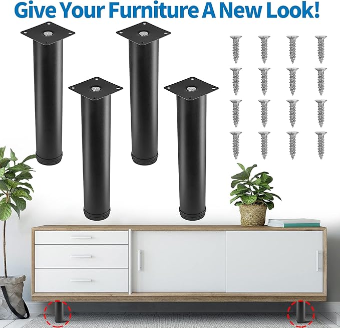 10 Inch Metal Furniture Legs Stainless Steel Adjustable Legs Black Metal Legs Round Cabinet Legs for Coffee Table Cabinet Desk Sofa Shelves, Pack of 4