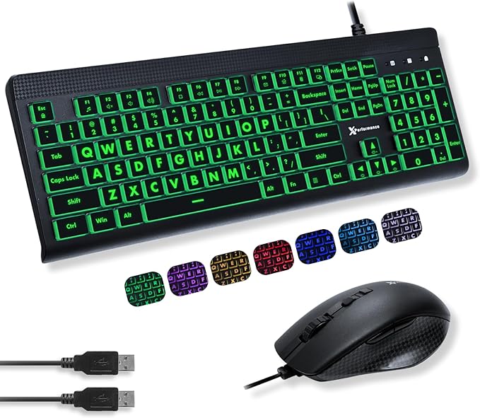 X9 Performance Wired Keyboard and Mouse Combo - Easy to See Backlit Large Print Keyboard Mouse for PC and Windows with 107 Light Up Keys, 7 Color LEDs, USB Wired, 4 DPI Modes