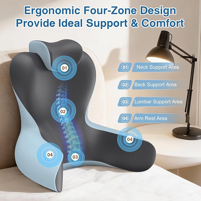 Reading Pillow for Sitting in Bed,22" H Back Support Pillow for Sitting up,Back Rest & Lumbar Support Pillows with Arms, Bed Rest Chair Cushion,Chaise Lounges Reclining,Gaming,Work,Resting(Grey&Blue)
