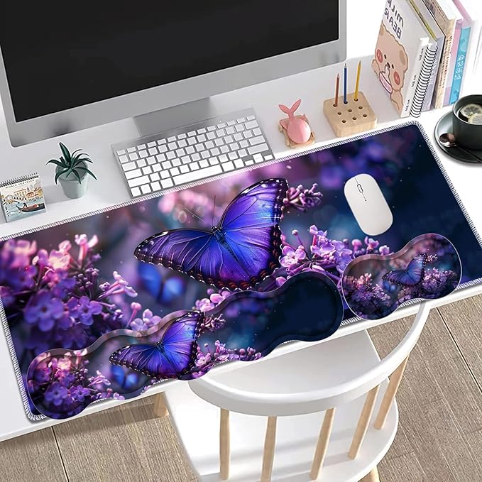 Large Gaming Mouse Pad + Keyboard Wrist Rest + Wrist Support + Coaster Set, Memory Foam Ergonomic for Easy Typing, XXL Extended Gaming Mouse Pad Table Pad - Purple Butterfly
