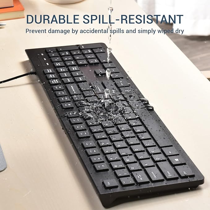 Wired Keyboard, Ultra-Thin USB Wired Computer Keyboard, Low-Profile Keys, Spill-Resistant, Multimedia Keys, Compatible with Windows, Mac, Chrome, Linux, and Android-Black