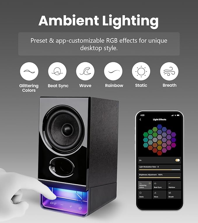 Edifier R20BT Computer Speakers, 2.75" Full-Range Drivers, Bluetooth 6.0, Touch Controls, AUX & USB-C Inputs, Headphone Jack, Custom Ambient Light & Sound Profiles via APP - Black