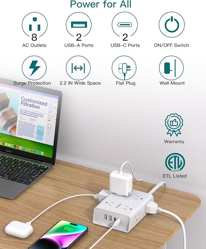 10FT Flat Plug Extension Cord with Multiple Outlets, Surge Protector Power Strip 10 ft Cord, 8 Outlets 4 USB Ports (2 USB C), Multi Outlet Wall Plug for Home Office College Dorm Room Essentials