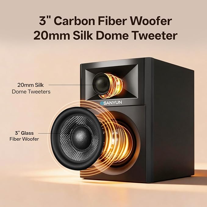 Sanyun SW203 4.0 Computer Speakers - 60W 4-Way DSP Control 3D Immersive Sound - 3" Carbon Fiber Woofer & 20mm Silk Dome Tweeter - 24bit DAC USB/Bluetooth 5.4/AUX - Studio-Grade Audio (Pair, Black)