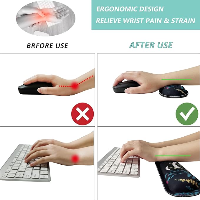 Keyboard Wrist Rest Mouse Wrist Support Set, Memory Foam Wrist Rest Pad for Computer Laptop Keyboard Mouse, Ergonomic Wrist Cushion Support for Typing Pain Relief, Gaming Home Office, Flowers Grass