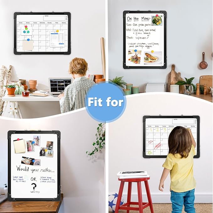 Double-Sided White Board Calendar, 16" x 12" Black Dry Erase Calendar Whiteboard Calendar for Wall Magnetic Hanging Calendar Whiteboard for Drawing, Kitchen, Planning, Memo, Home, Office