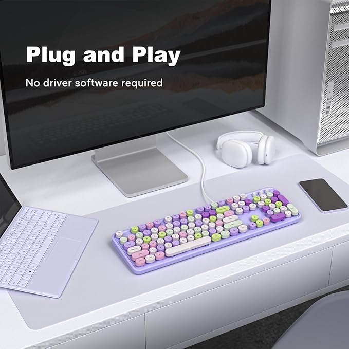 KNOWSQT Wired Computer Keyboard - Purple Colorful Retro Full Size Round Keycaps Plug and Play Typewriter Cute Keyboards for Windows, Laptop, PC, Desktop, Computer