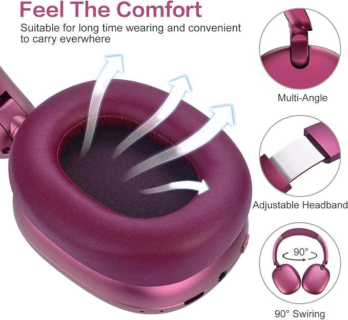 RORSOU C6 Active Noise Cancelling Headphones, Wireless Over Ear Bluetooth Headphones, 60H Playtime, Lightweight Folding Deep Bass Comfort Fit Ear Cups Headset with Mic for iPad/Travel/PC/Home Red