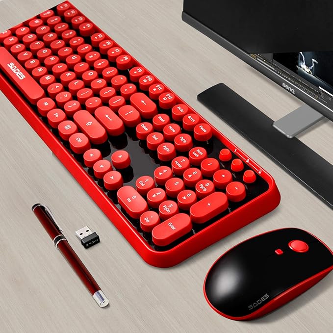 Wireless Keyboard Mouse Combo, 2.4GHz Wireless Typewriter Keyboard with 104 Cute Retro Round Keys, Letton Full Size Keyboard and Mouse with 3 DPI for Computer Mac PC Laptop-Black/Red