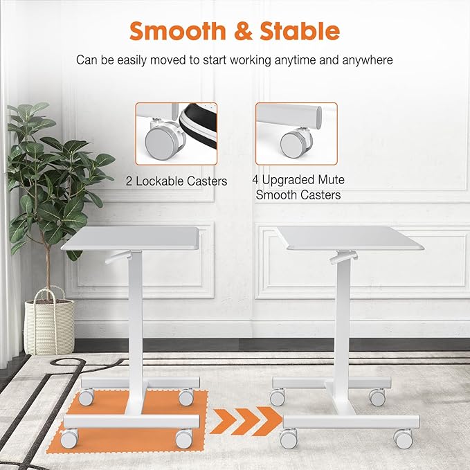 Sweetcrispy Small Mobile Standing Desk, Rolling Laptop Computer Carts, Portable Laptop Desk with Wheels, Adjustable Height Table for Home Office, White