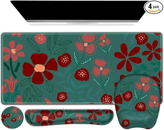 Large Mouse Pad with Wrist Support 4 in1 Set, XXL Big Game Mousepad + Keyboard Wrist Rest+Mouse Wrist Rest+Coaster Ergonomic Design Gaming Mat for Home Office Table Computer I Green Flowers