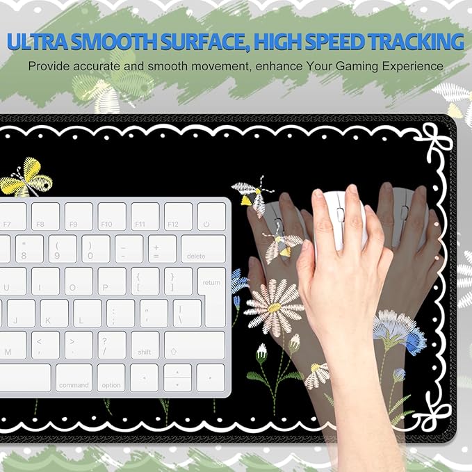 Desk Pad for Keyboard and Mouse, Large Mouse Pad for Desk, Non-Slip Keyboard Mat, Computer Mats for Desk, Desk Pad with Stitched Edges for Office, Gaming I Lovely Black Plants