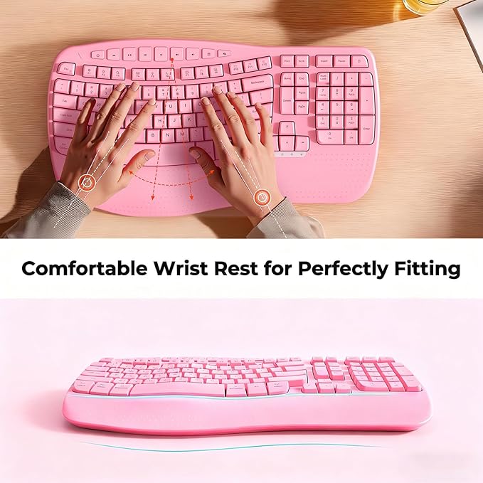 MEETION Wireless Ergonomic Keyboard, Wave Keys Wrist Rest Natural Typing Keyboard, 2.4G USB-A Cordless Receiver and USB-C Adapter, Ergo Computer Keyboard Compatible with Windows/Mac/Laptop/PC, Pink