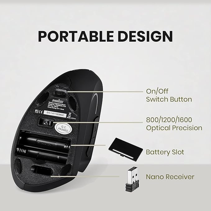 Perixx PERIMICE-713 Wireless Vertical Mouse - 6 Buttons Design - 3 Level DPI - Black - Right-Handed Design