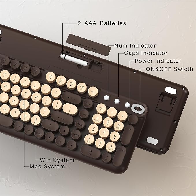Wireless Keyboard and Mouse Combo, Full-Size Retro Typewriter Keyboard Style, 2.4GHz USB Receiver, Plug-and-Play, Keyboard Mouse Set for Computer, Laptop, Windows, Mac, and PC (Coffee)